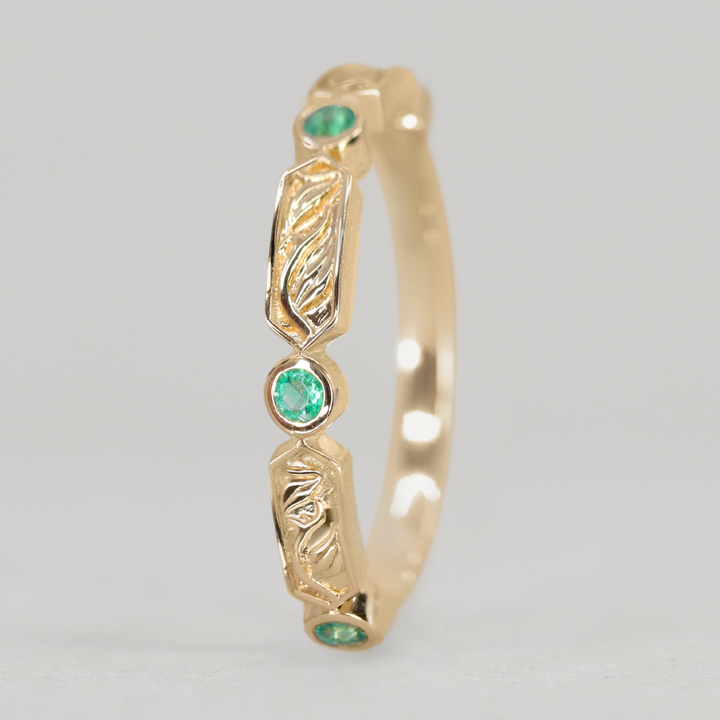 Fern - Floral Emerald, Ruby or Blue Sapphire Set Vine/Leaf Patterned Wedding Ring - Made-to-Order