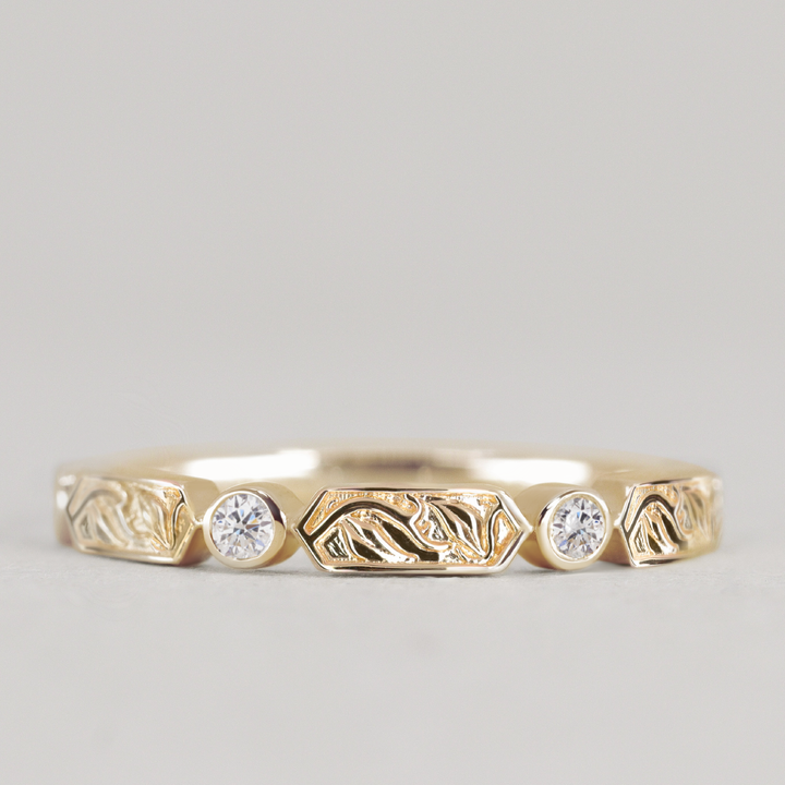 Fern - Floral Motif Diamond Set Vine/Leaf Patterned Wedding Ring - Made-to-Order