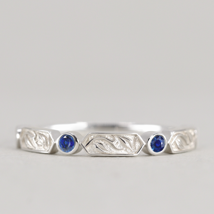 Fern - Floral Emerald, Ruby or Blue Sapphire Set Vine/Leaf Patterned Wedding Ring - Made-to-Order