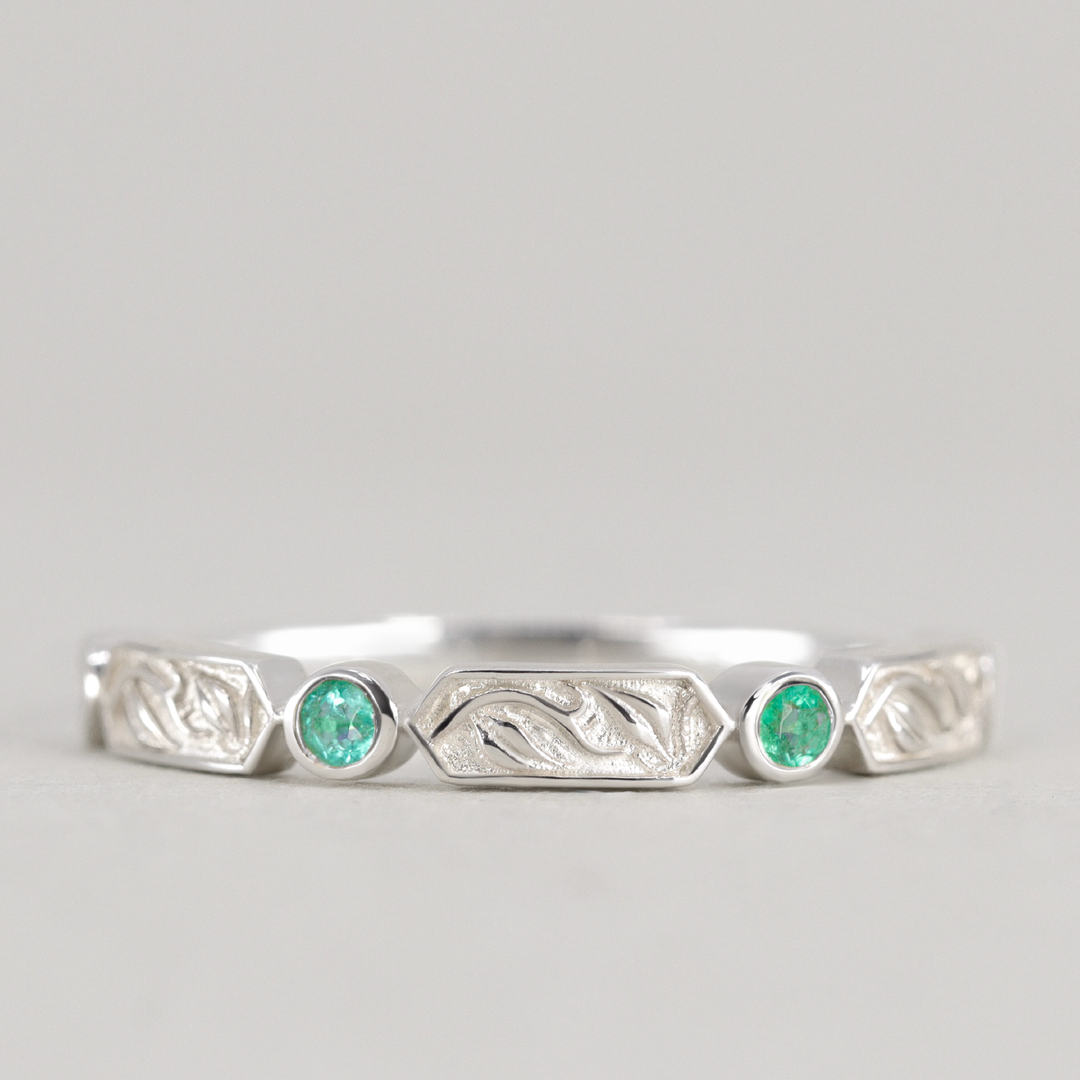 Fern - Floral Emerald, Ruby or Blue Sapphire Set Vine/Leaf Patterned Wedding Ring - Made-to-Order