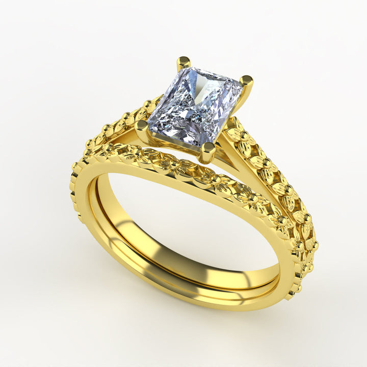 Bridal Set - Flora - Emerald or Radiant Cut Lab Grown Diamond Floral Patterned Engagement Ring and Waved Wedding Ring Bridal Sets