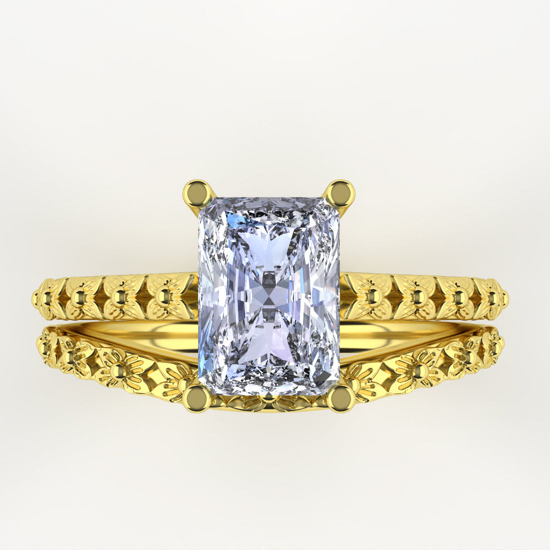 Bridal Set - Flora - Emerald or Radiant Cut Lab Grown Diamond Floral Patterned Engagement Ring and Waved Wedding Ring Bridal Sets