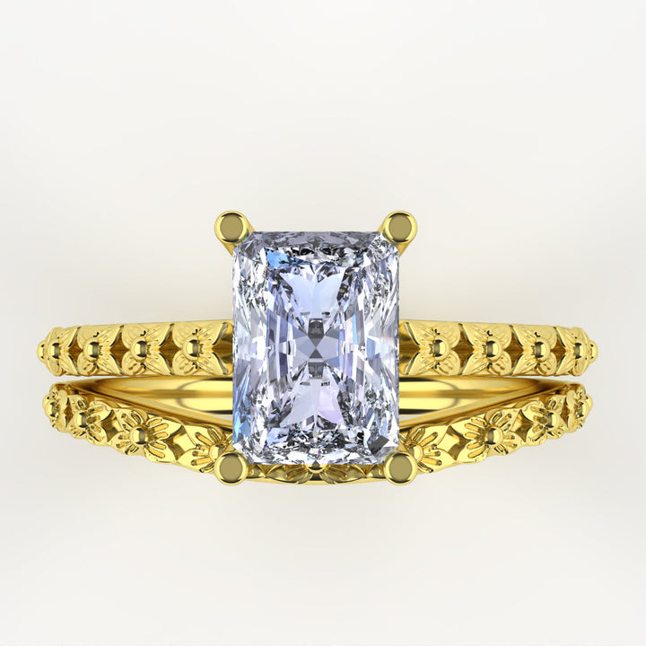 Bridal Set - Flora - Emerald or Radiant Cut Lab Grown Diamond Floral Patterned Engagement Ring and Waved Wedding Ring Bridal Sets