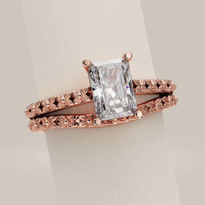 Bridal Set - Flora - Emerald or Radiant Cut Lab Grown Diamond Floral Patterned Engagement Ring and Waved Wedding Ring Bridal Sets