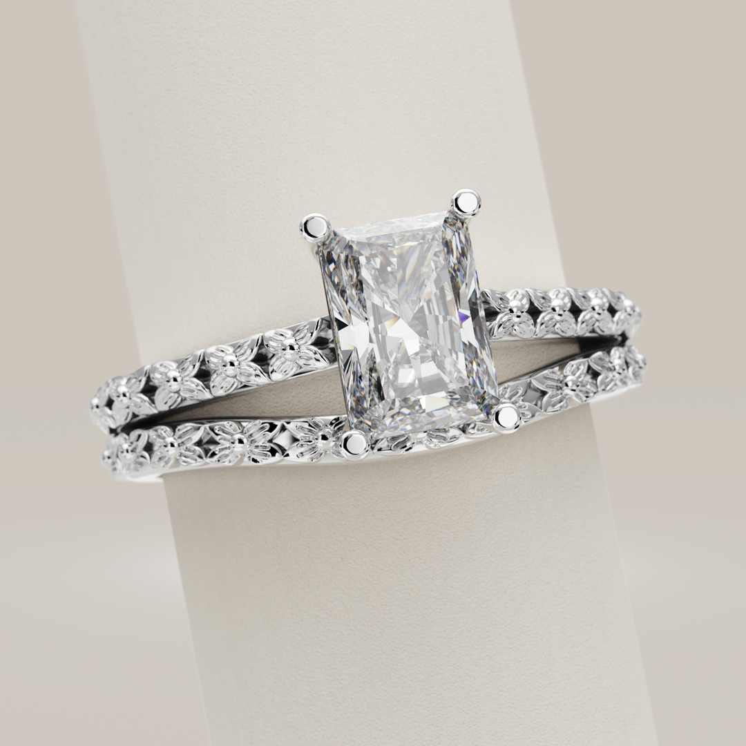 Bridal Set - Flora - Emerald or Radiant Cut Lab Grown Diamond Floral Patterned Engagement Ring and Waved Wedding Ring Bridal Sets