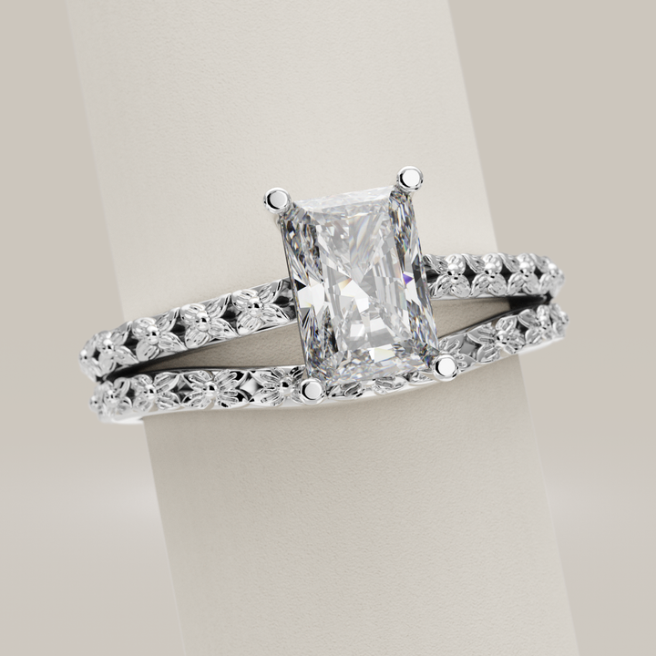 Bridal Set - Flora - Emerald or Radiant Cut Lab Grown Diamond Floral Patterned Engagement Ring and Waved Wedding Ring Bridal Sets