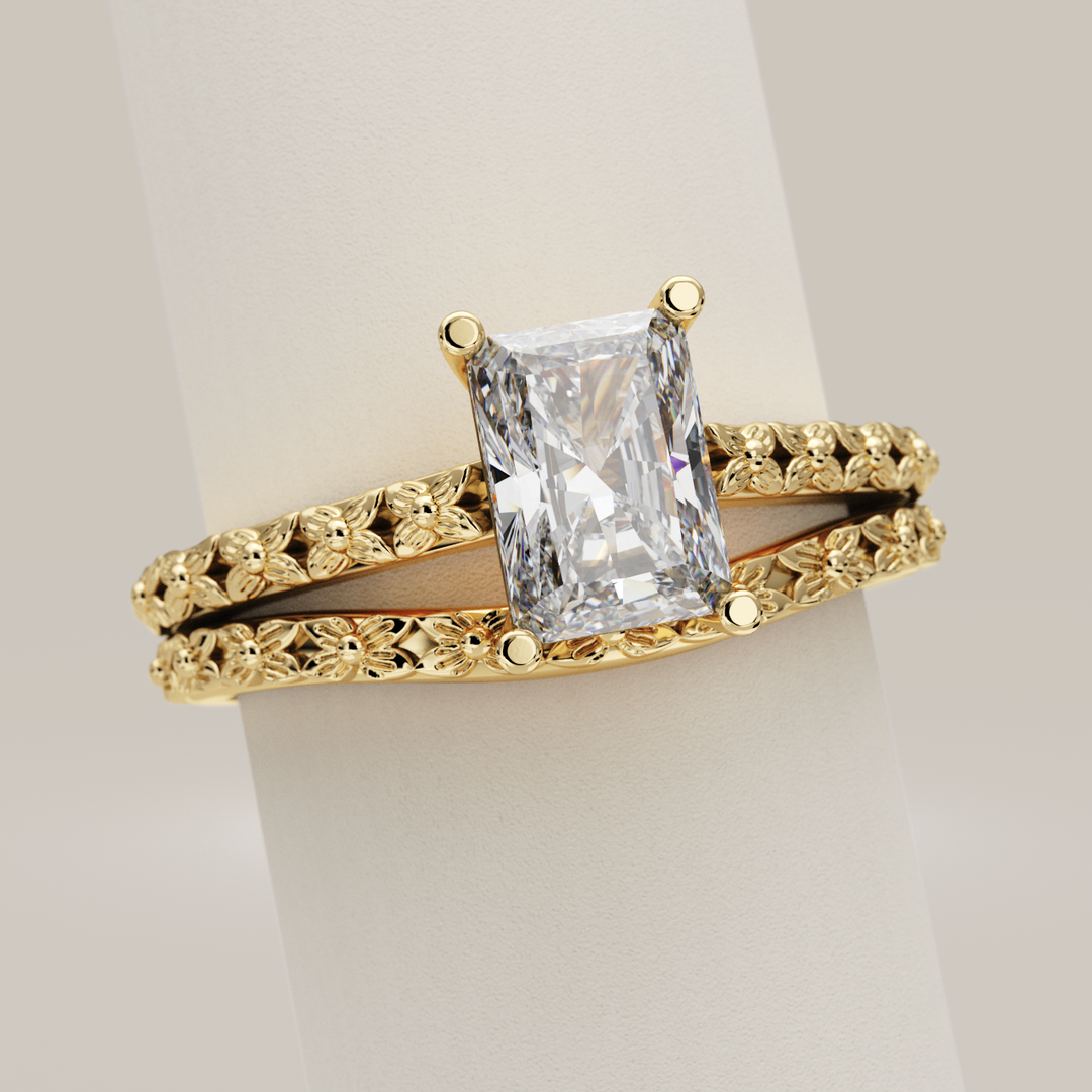 Bridal Set - Flora - Emerald or Radiant Cut Lab Grown Diamond Floral Patterned Engagement Ring and Waved Wedding Ring Bridal Sets