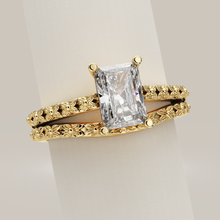 Bridal Set - Flora - Emerald or Radiant Cut Lab Grown Diamond Floral Patterned Engagement Ring and Waved Wedding Ring Bridal Sets