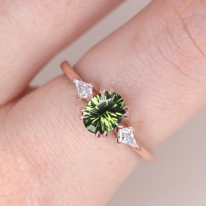 Dahlia - Oval Optix Cut Green Tourmaline Trilogy Engagement Ring