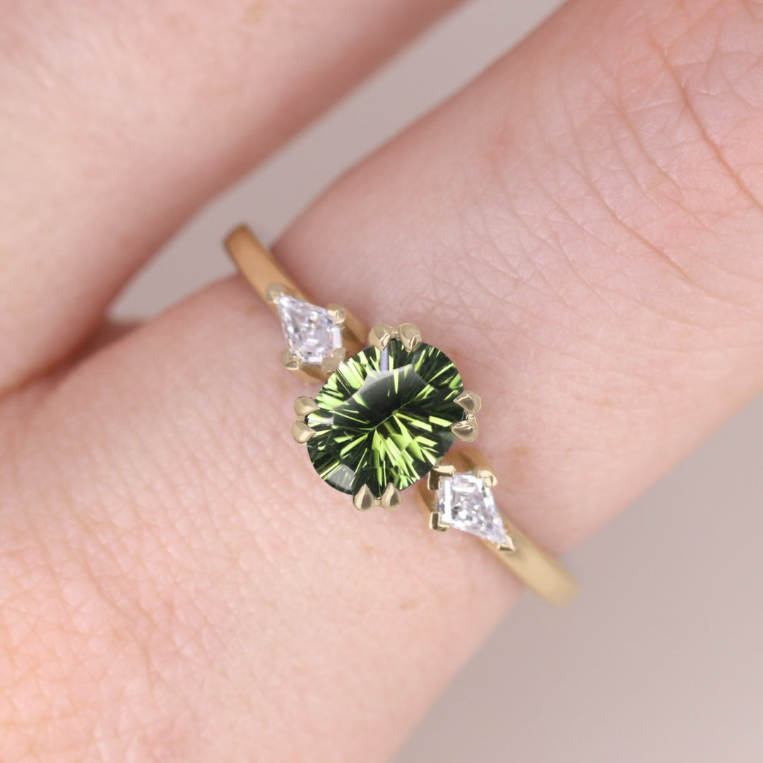 Dahlia - Oval Optix Cut Green Tourmaline Trilogy Engagement Ring