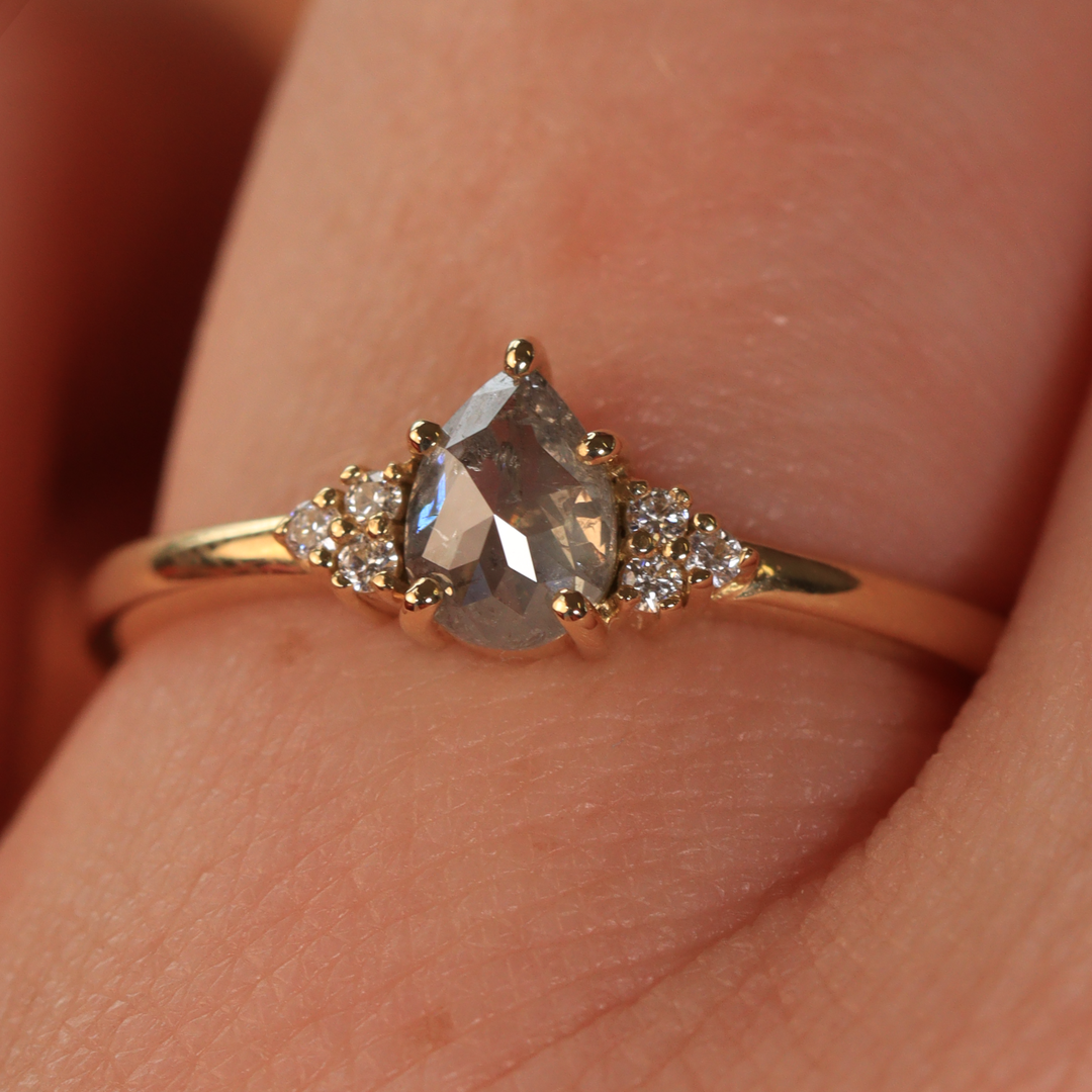 Henrietta - Petite Pear Cut Teardrop Shape Salt and Pepper Diamond Cluster Engagement Ring - Ready-to-Wear