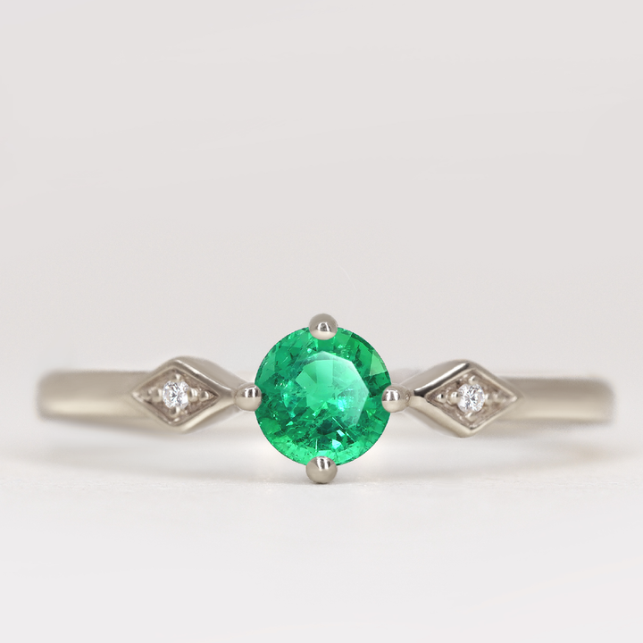 Hollie - Round Cut Emerald Art Deco Trilogy Engagement Ring