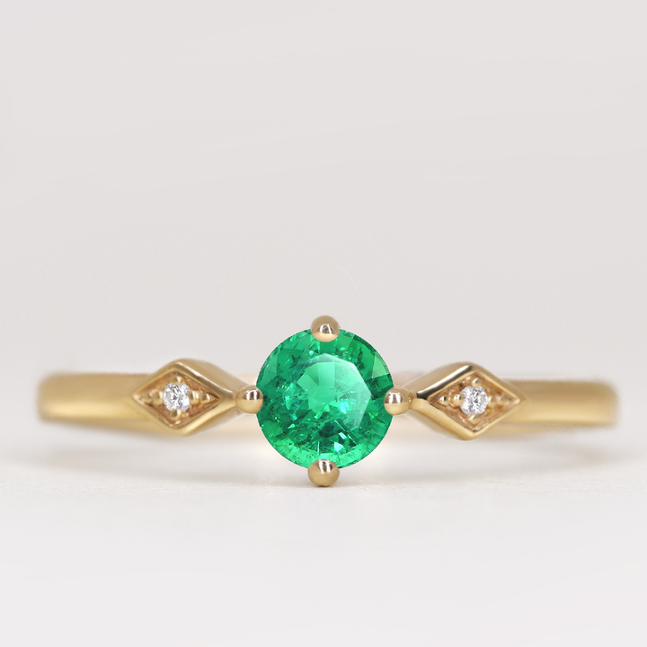Hollie - Round Cut Emerald Art Deco Trilogy Engagement Ring