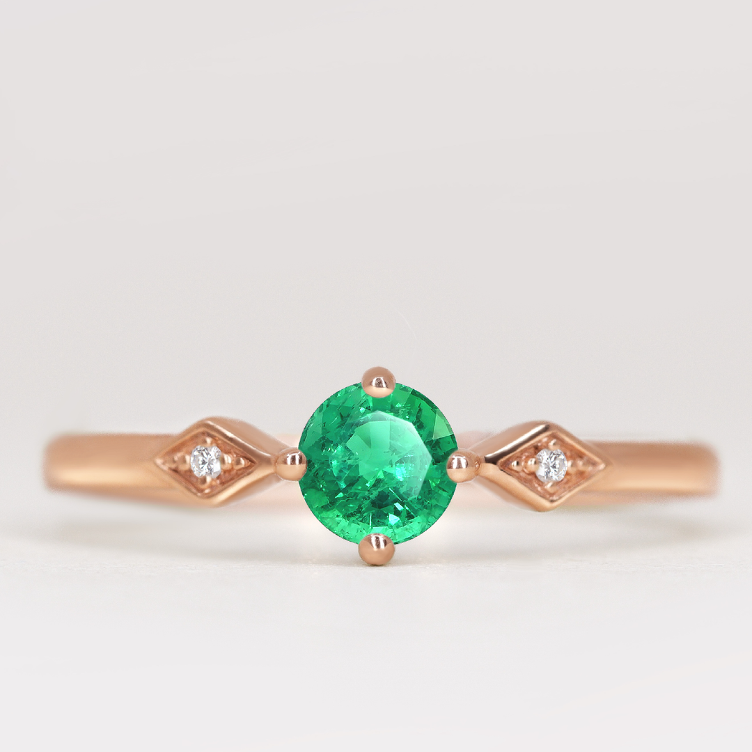 Hollie - Round Cut Emerald Art Deco Trilogy Engagement Ring