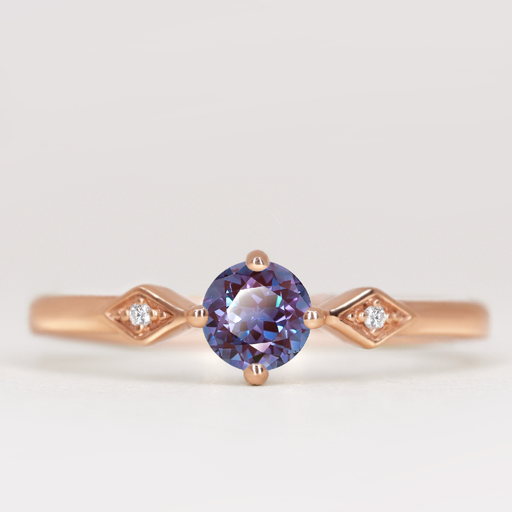 Hollie - Round Cut Lab Grown Alexandrite Art Deco Trilogy Engagement Ring