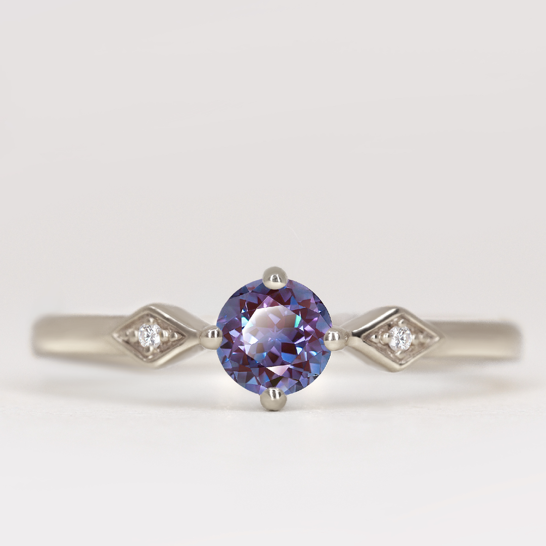 Hollie - Round Cut Lab Grown Alexandrite Art Deco Trilogy Engagement Ring