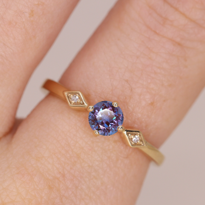 Hollie - Round Cut Lab Grown Alexandrite Art Deco Trilogy Engagement Ring