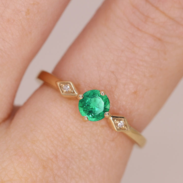 Hollie - Round Cut Emerald Art Deco Trilogy Engagement Ring
