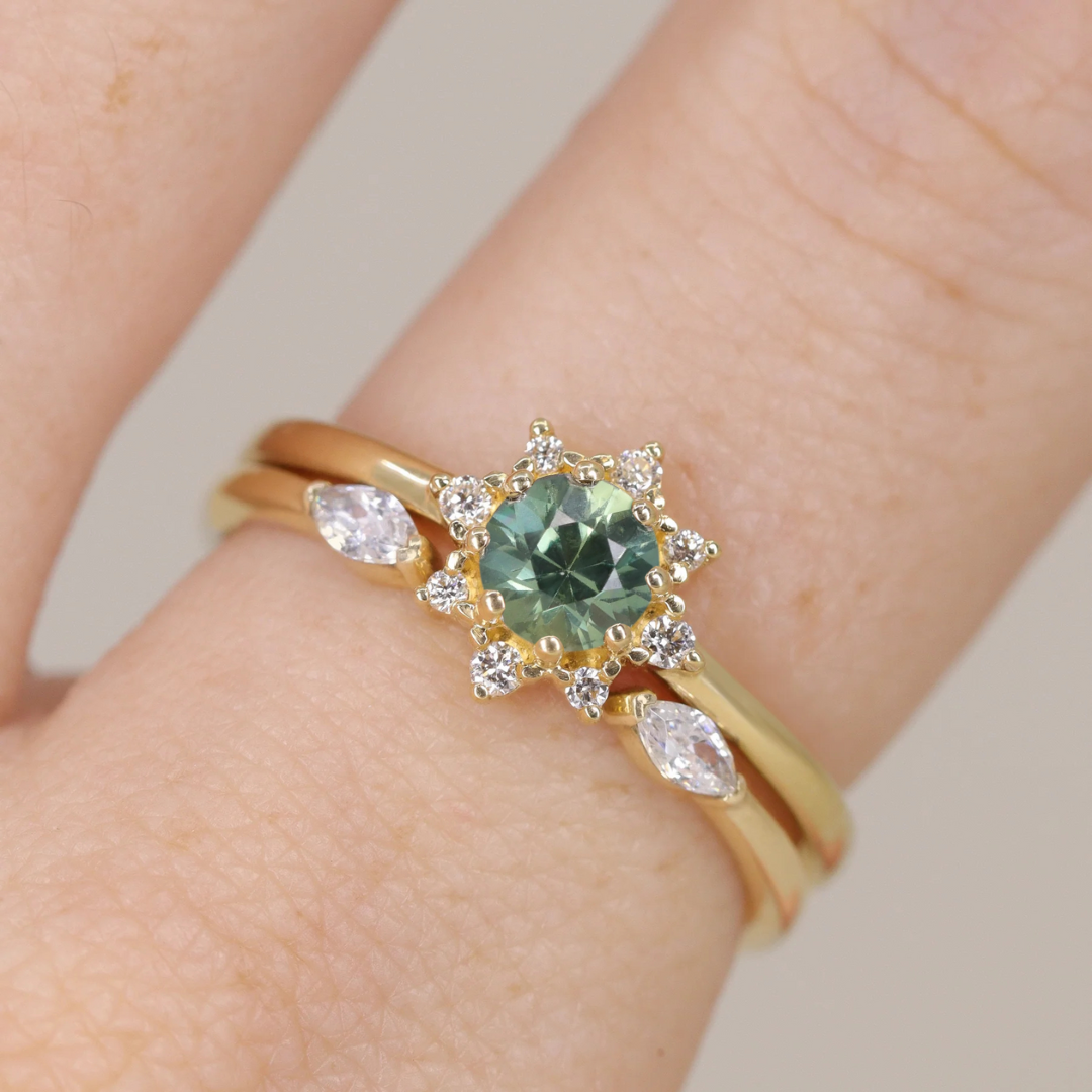 Mabel - Round Cut Teal Sapphire and Diamond Halo Engagement Ring