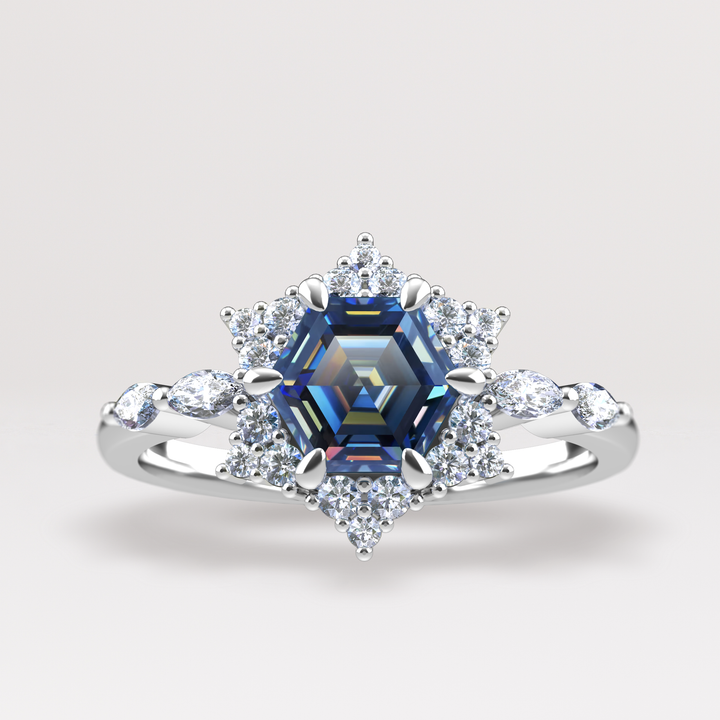 Daisy - The Taylor Collection - Hexagon Cut Blue Moissanite Cluster Halo Engagement Ring