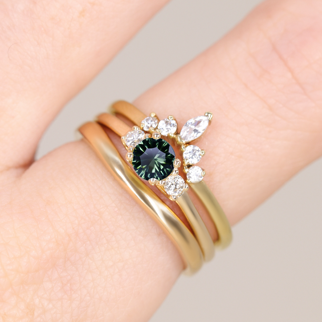 Millie - Round Optix Cut Green Tourmaline and Diamond Trilogy Engagement Ring