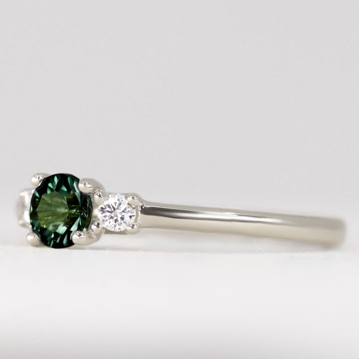 Millie - Round Optix Cut Green Tourmaline and Diamond Trilogy Engagement Ring