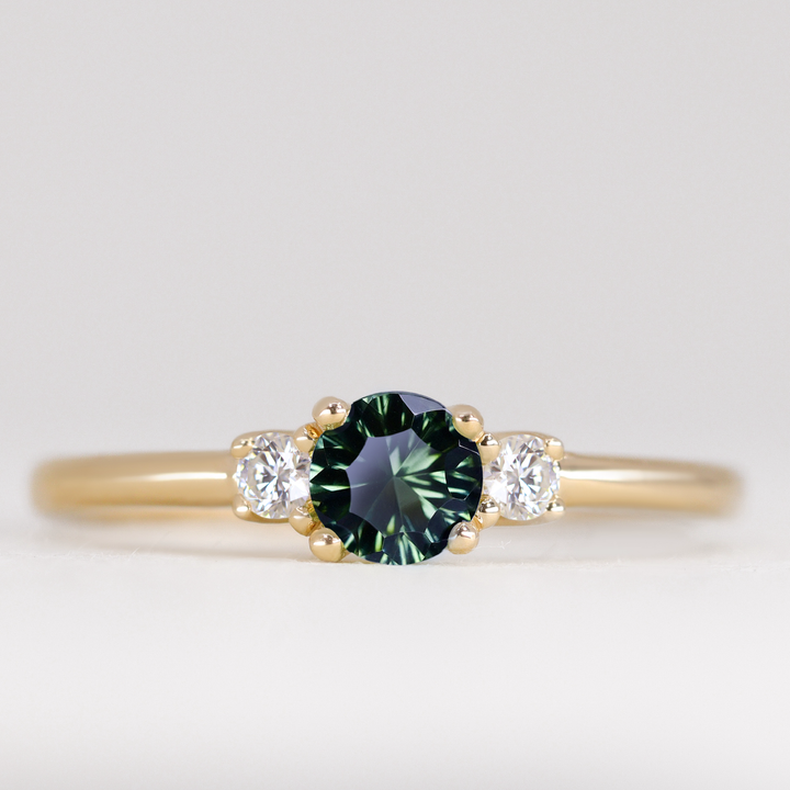 Millie - Round Optix Cut Green Tourmaline and Diamond Trilogy Engagement Ring