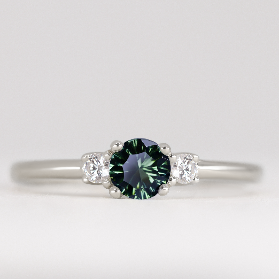 Millie - Round Optix Cut Green Tourmaline and Diamond Trilogy Engagement Ring