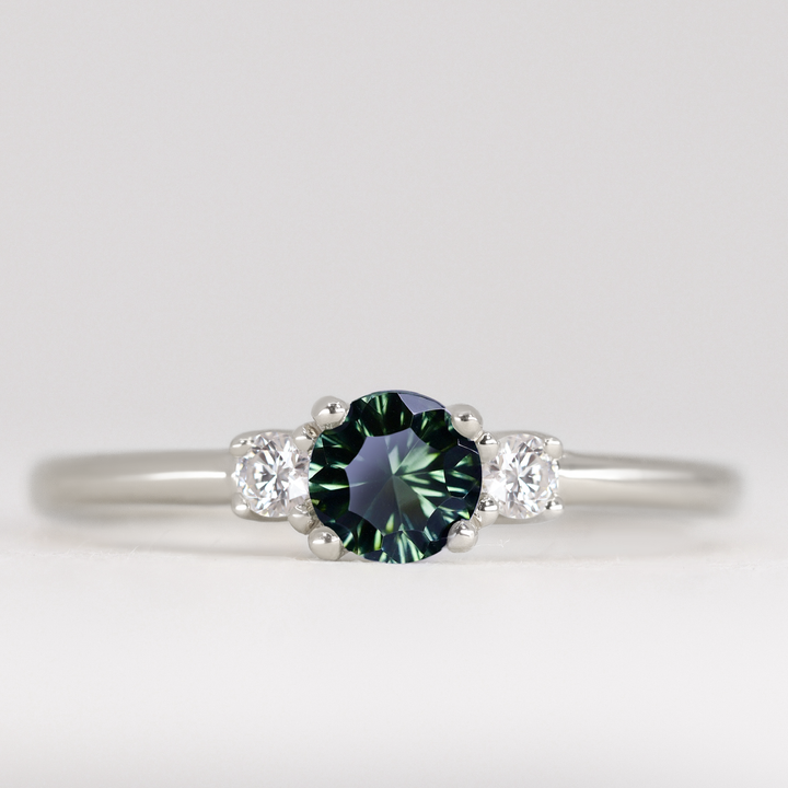 Millie - Round Optix Cut Green Tourmaline and Diamond Trilogy Engagement Ring