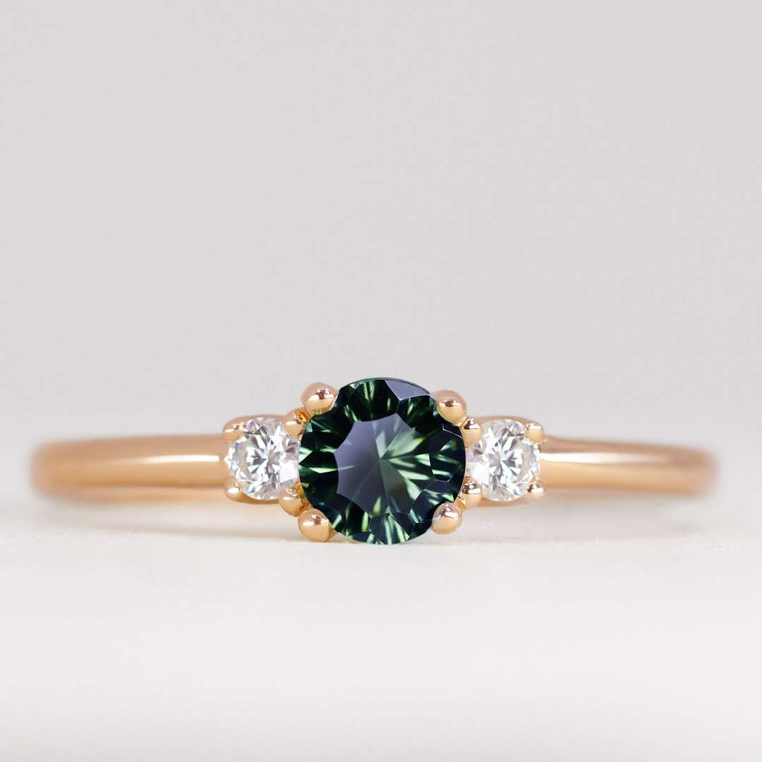 Millie - Round Optix Cut Green Tourmaline and Diamond Trilogy Engagement Ring
