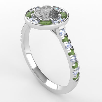 The Mixology Collection - Mojito - Round Brilliant Cut Salt & Pepper Diamond with Lab Grown Diamond and Green Marquise Tourmaline Halo and Green Sapphire Set Shoulders Exclusive Engagement Ring - Made-to-Order