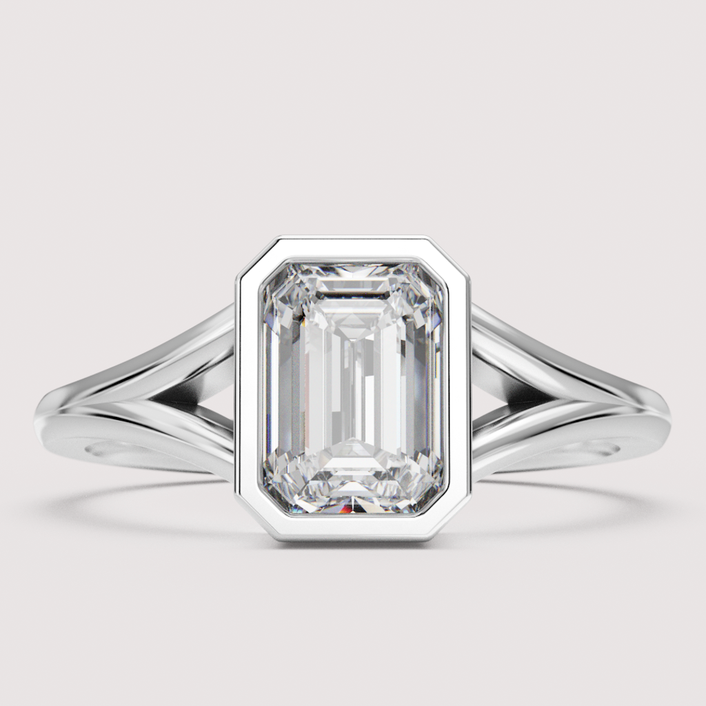 Natasha Emerald Cut Bezel Set Split Shank Solitaire Engagement