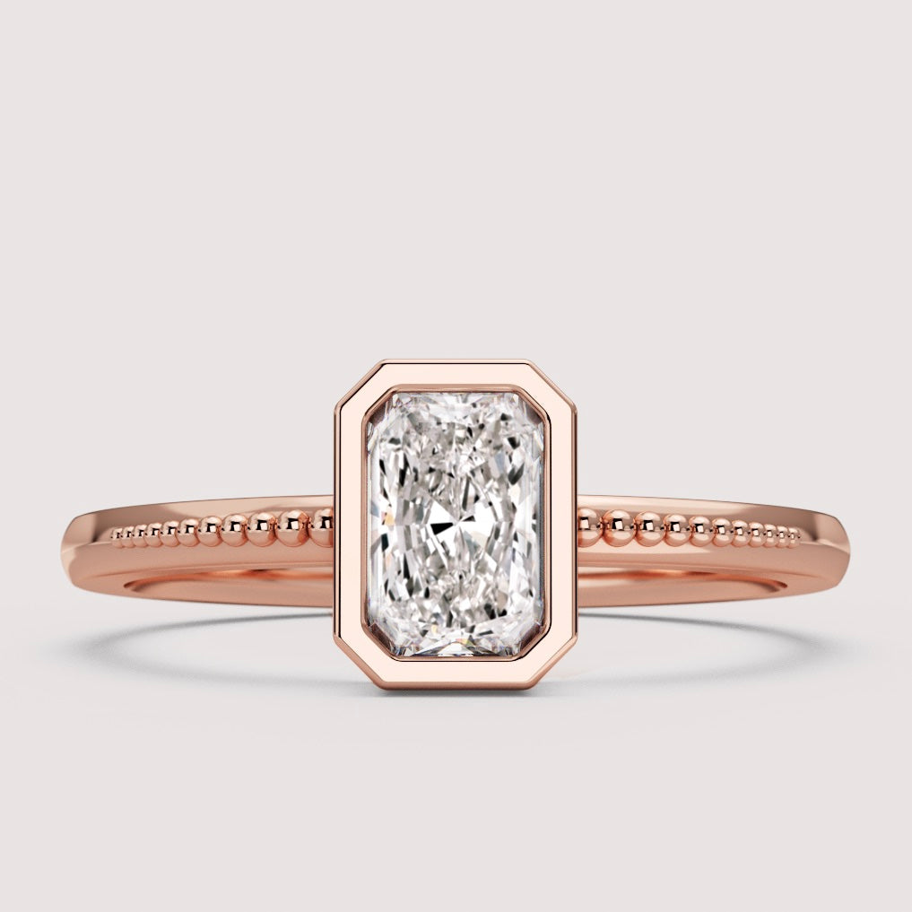 Nina - Radiant Cut Bezel Set Beaded Solitaire Engagement Ring Setting