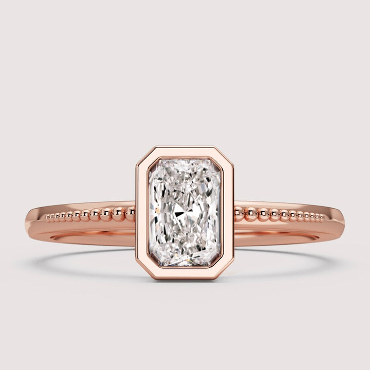 Nina - Radiant Cut Bezel Set Beaded Solitaire Engagement Ring Setting