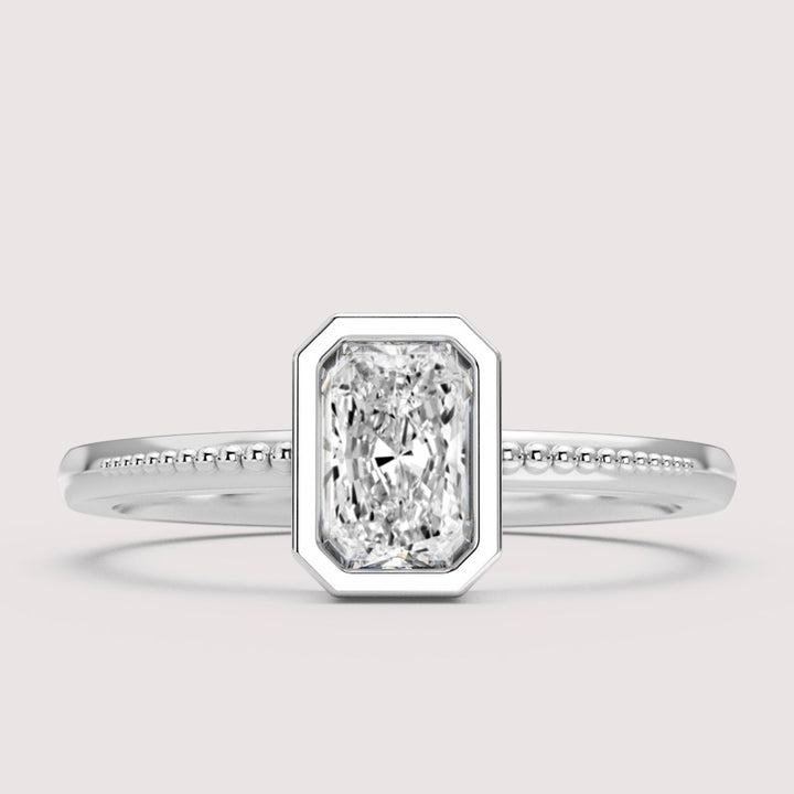 Nina - Radiant Cut Bezel Set Beaded Solitaire Engagement Ring Setting