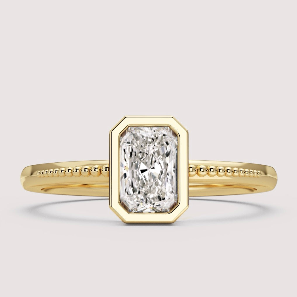 Nina - Radiant Cut Bezel Set Beaded Solitaire Engagement Ring Setting