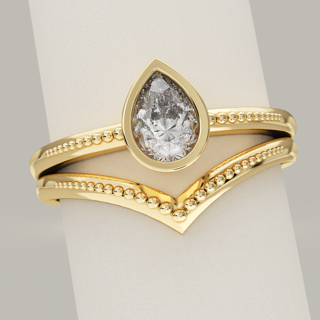 Bridal Set - Nina and Hadley - Pear Cut Lab Grown Diamond Beaded Engagement Ring and Beaded Wishbone Wedding Ring Bridal Sets