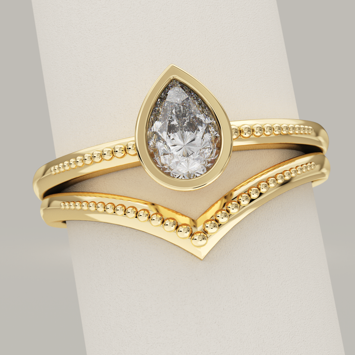 Bridal Set - Nina and Hadley - Pear Cut Lab Grown Diamond Beaded Engagement Ring and Beaded Wishbone Wedding Ring Bridal Sets