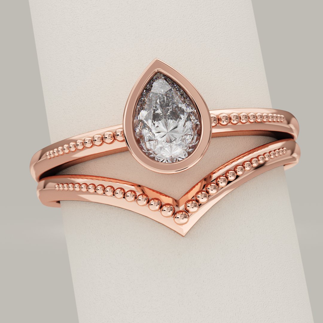 Bridal Set - Nina and Hadley - Pear Cut Lab Grown Diamond Beaded Engagement Ring and Beaded Wishbone Wedding Ring Bridal Sets