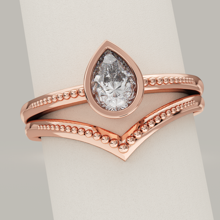 Bridal Set - Nina and Hadley - Pear Cut Lab Grown Diamond Beaded Engagement Ring and Beaded Wishbone Wedding Ring Bridal Sets