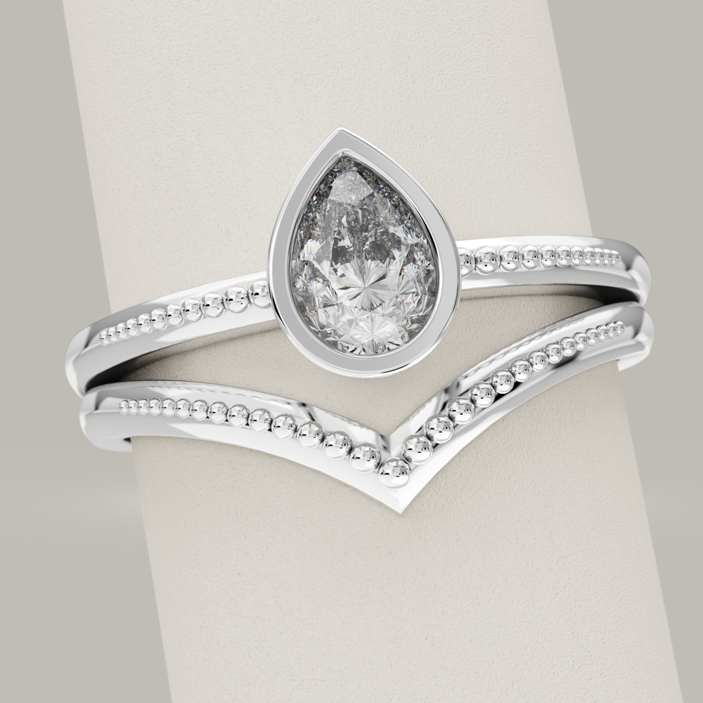 Bridal Set - Nina and Hadley - Pear Cut Lab Grown Diamond Beaded Engagement Ring and Beaded Wishbone Wedding Ring Bridal Sets