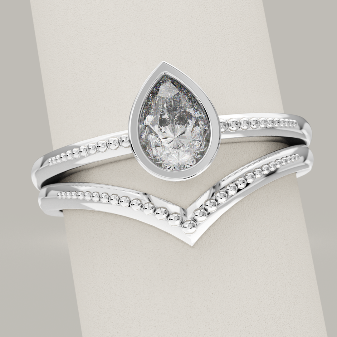 Bridal Set - Nina and Hadley - Pear Cut Lab Grown Diamond Beaded Engagement Ring and Beaded Wishbone Wedding Ring Bridal Sets