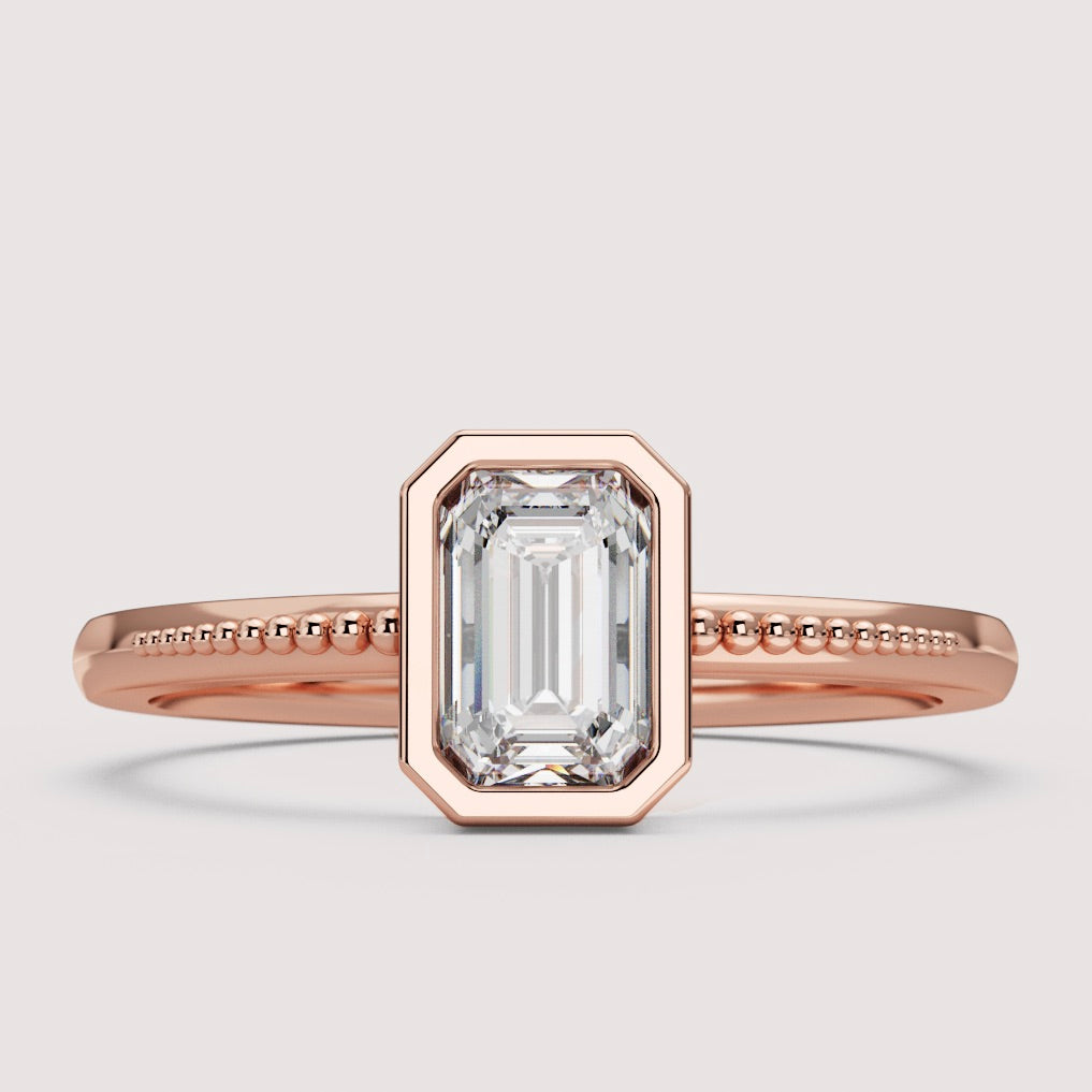 Nina - Emerald Cut Bezel Set Beaded Solitaire Engagement Ring Setting