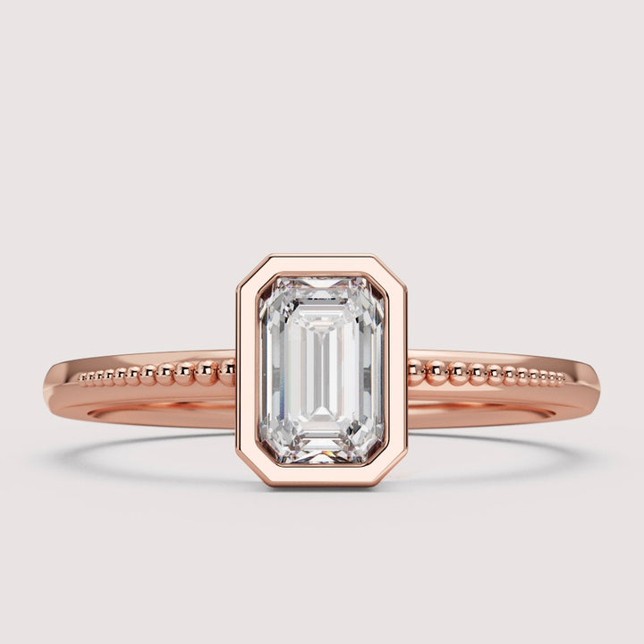 Nina - Emerald Cut Bezel Set Beaded Solitaire Engagement Ring Setting