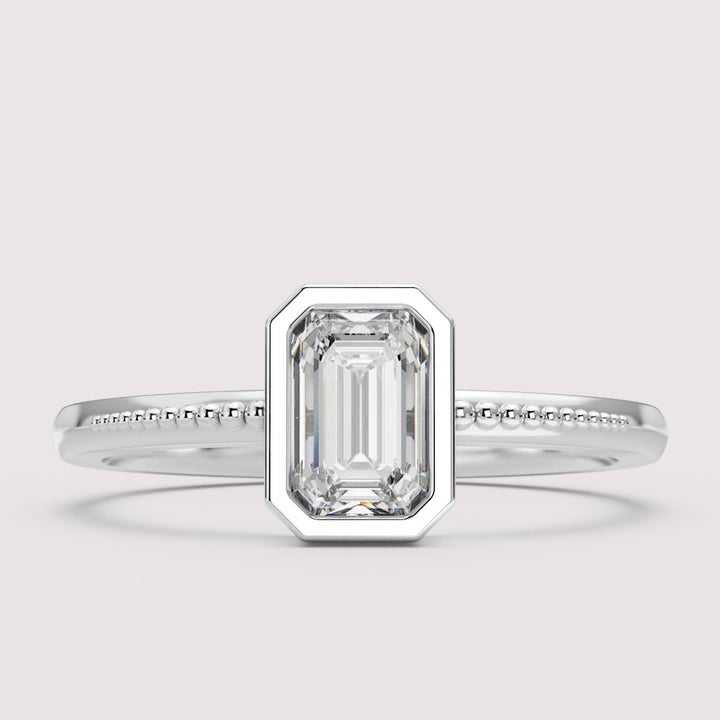 Nina - Emerald Cut Bezel Set Beaded Solitaire Engagement Ring Setting