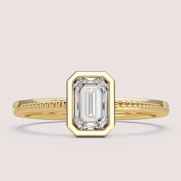 Nina - Emerald Cut Bezel Set Beaded Solitaire Engagement Ring Setting
