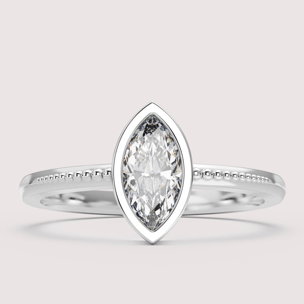 Nina - Marquise Cut Bezel Set Beaded Solitaire Engagement Ring Setting