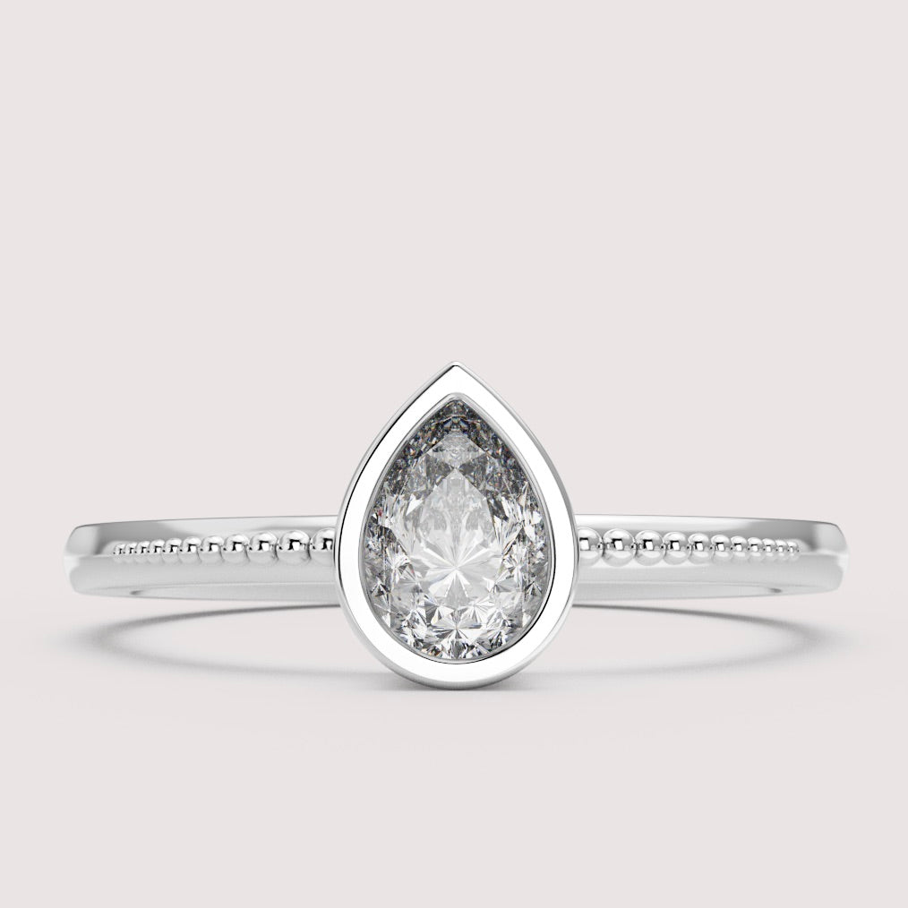 Nina - Pear Cut Bezel Set Beaded Solitaire Engagement Ring Setting
