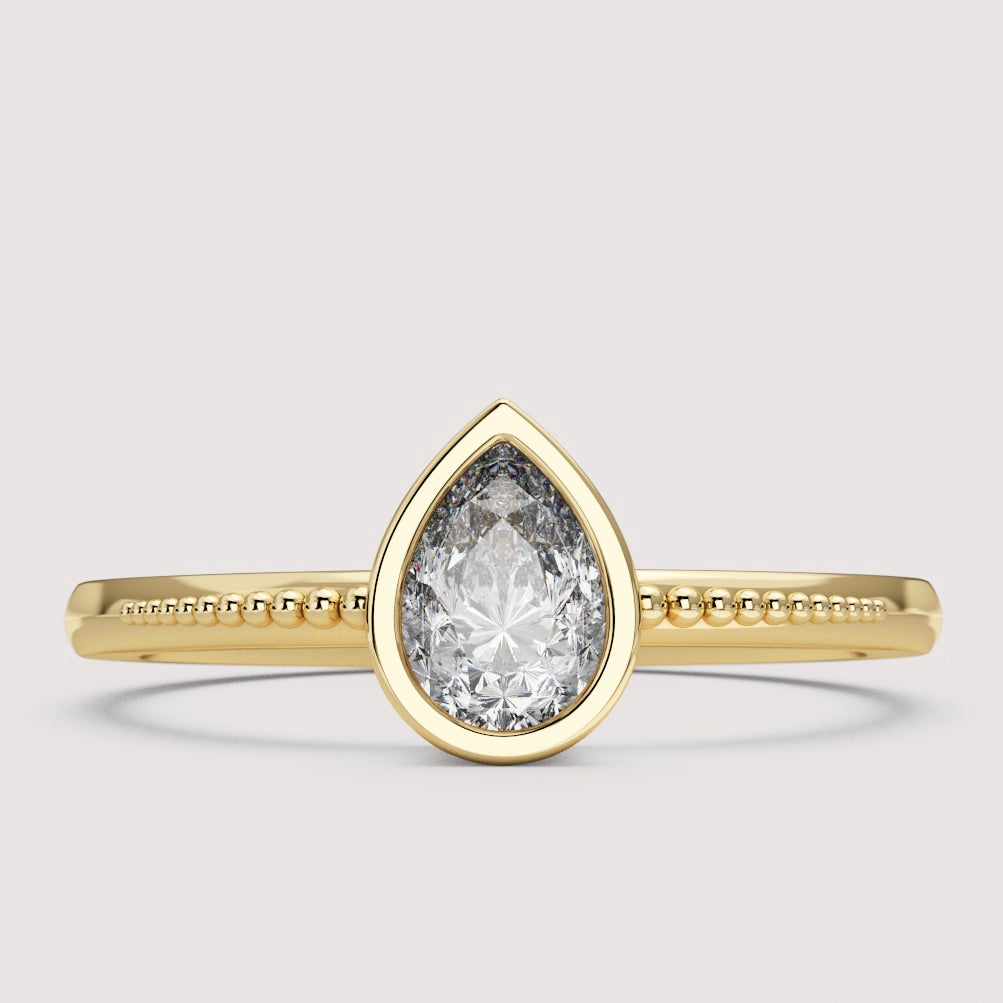 Nina - Pear Cut Bezel Set Beaded Solitaire Engagement Ring Setting