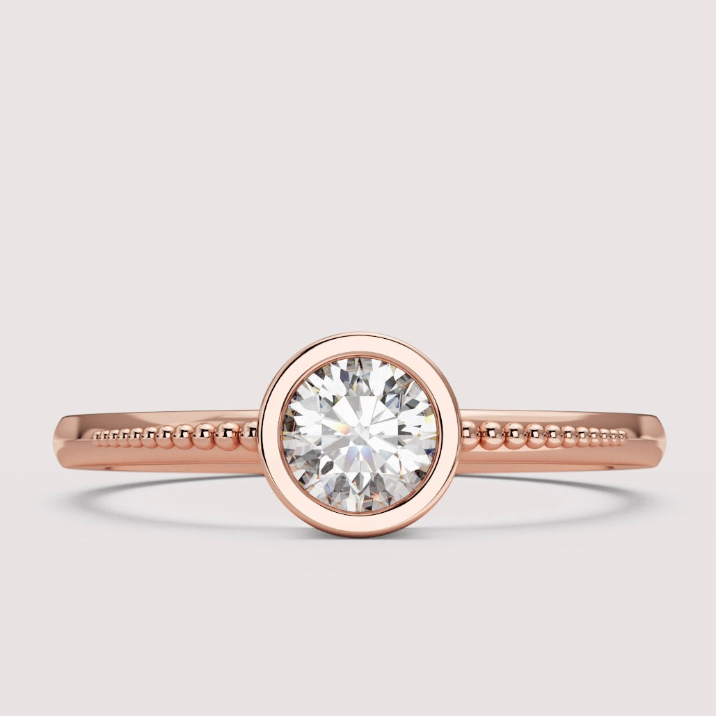 Nina - Round Brilliant Cut Bezel Set Beaded Solitaire Engagement Ring Setting